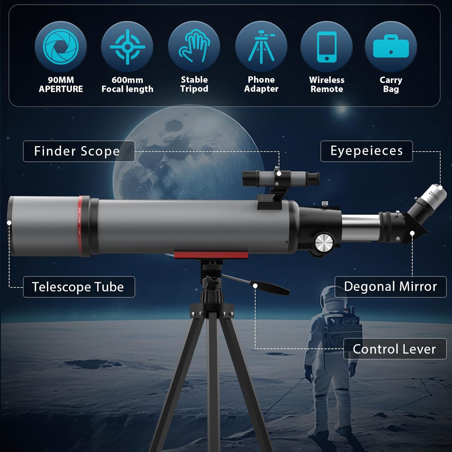 90mm Aperture Refractor Telescope for Moon Stars Observation