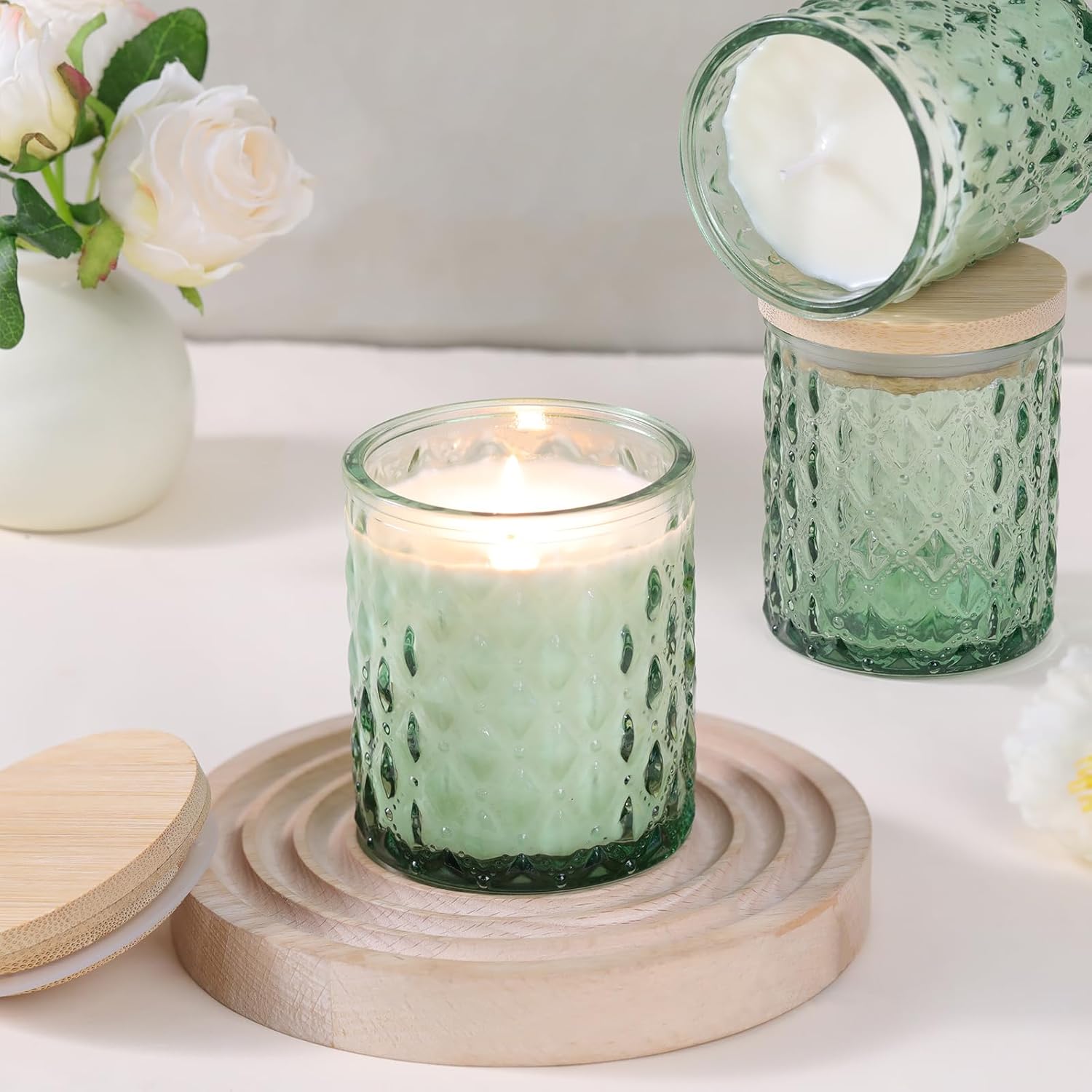 8-Pack Green Candle Jars with Bamboo Lids for Candle Making
