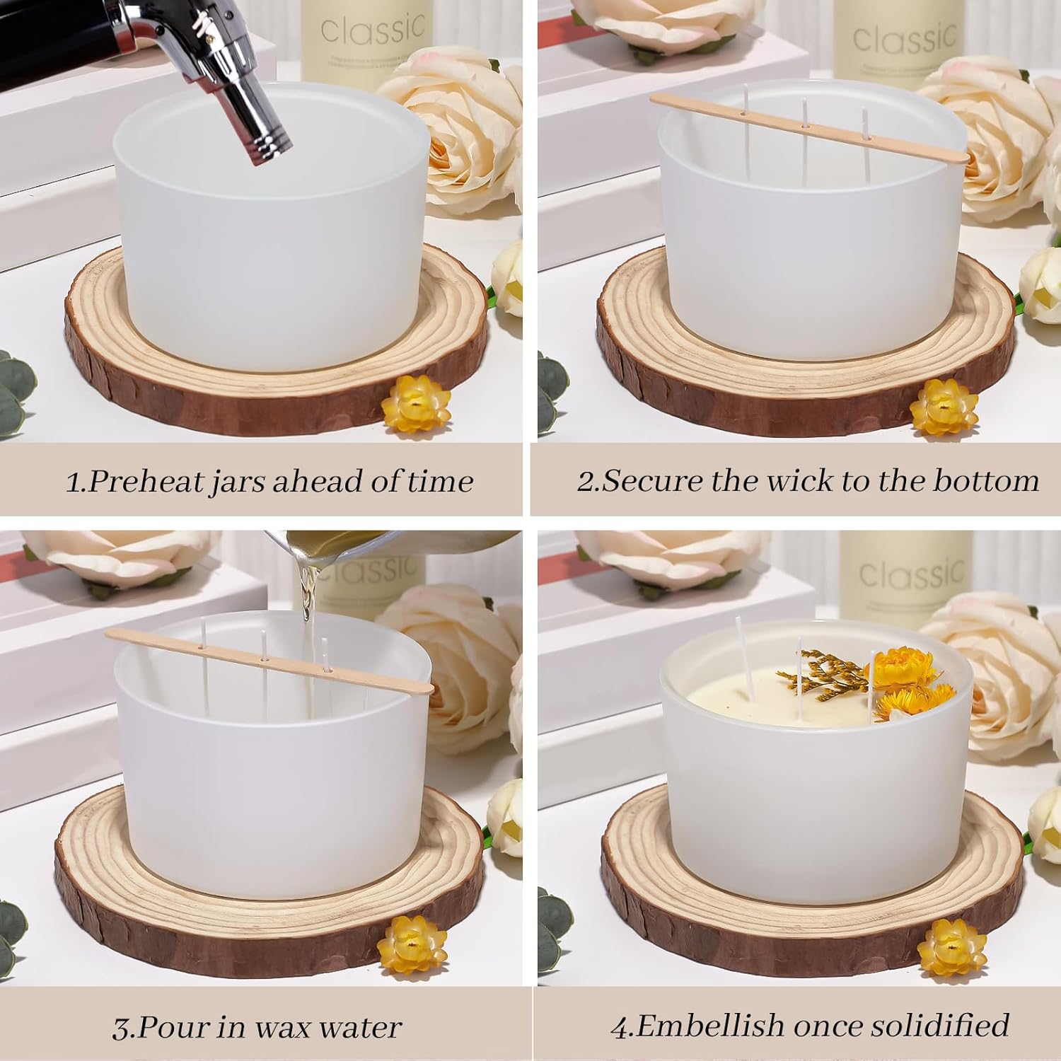 CONNOO 24oz Glass Candle Jars 6 Pack with Bamboo Lids and Wick Kit