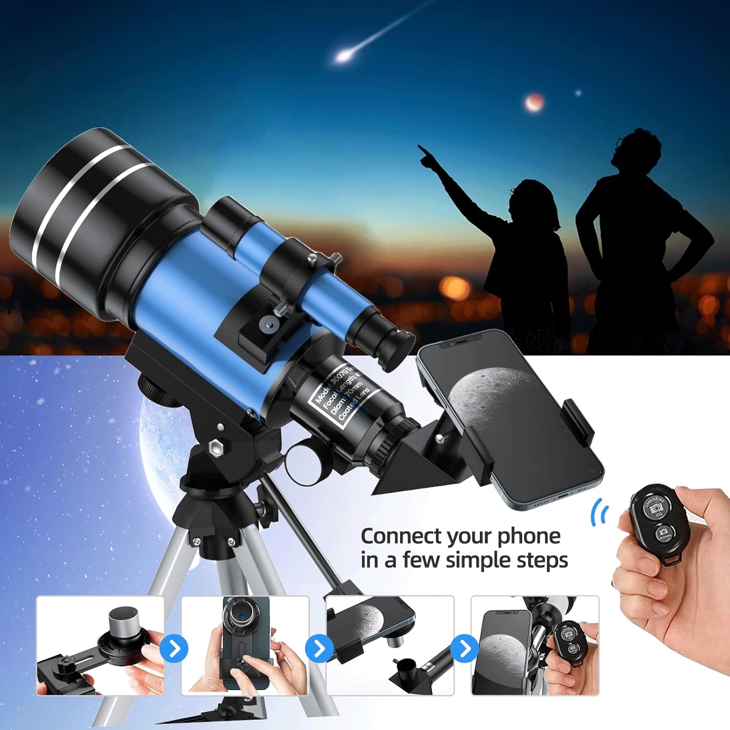 Alkinshue Kids Telescope 70mm 400mm 24-180X AZ Mount with Tripod