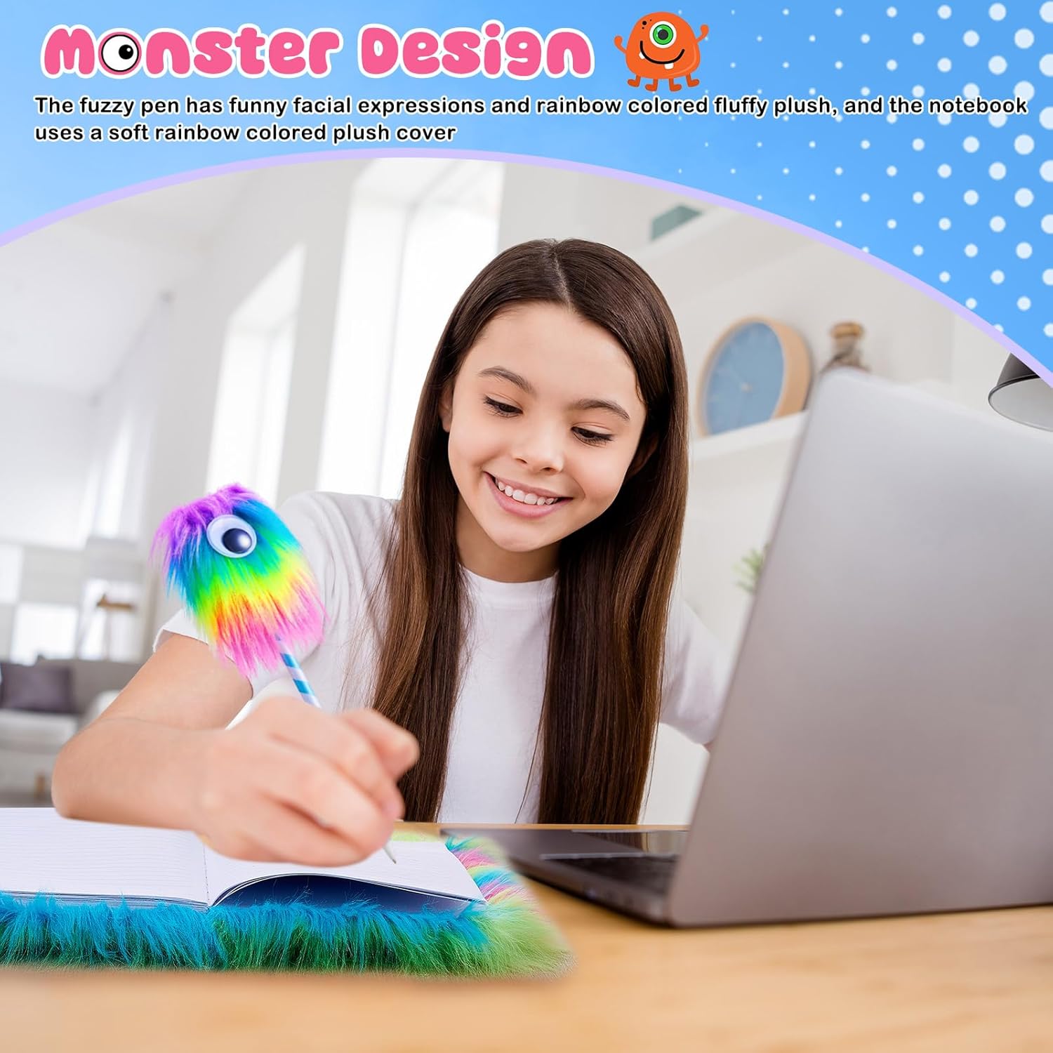 Outus Fluffy Rainbow Pens and Monster Notebooks Set