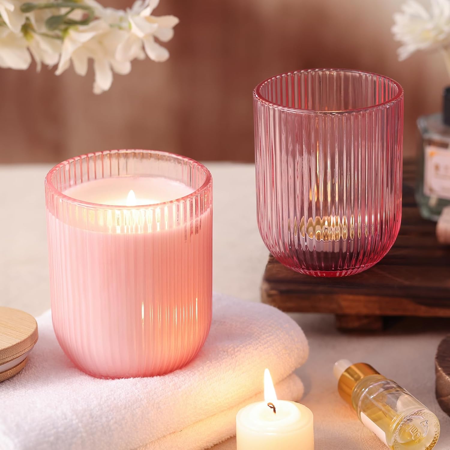 12PCS Pink Ribbed Candle Jars with Bamboo Lids and Wick Kit