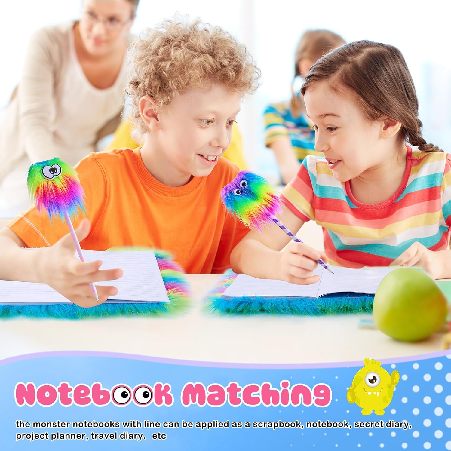 Outus Fluffy Rainbow Pens and Monster Notebooks Set