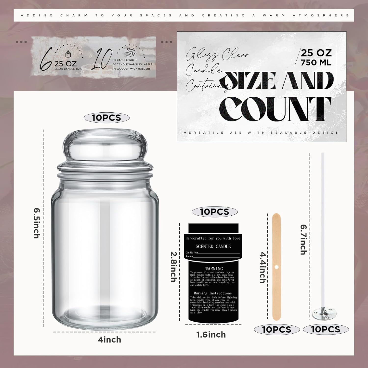 Ziliny 25 Oz Glass Candle Jars with Airtight Lids 6 Pcs