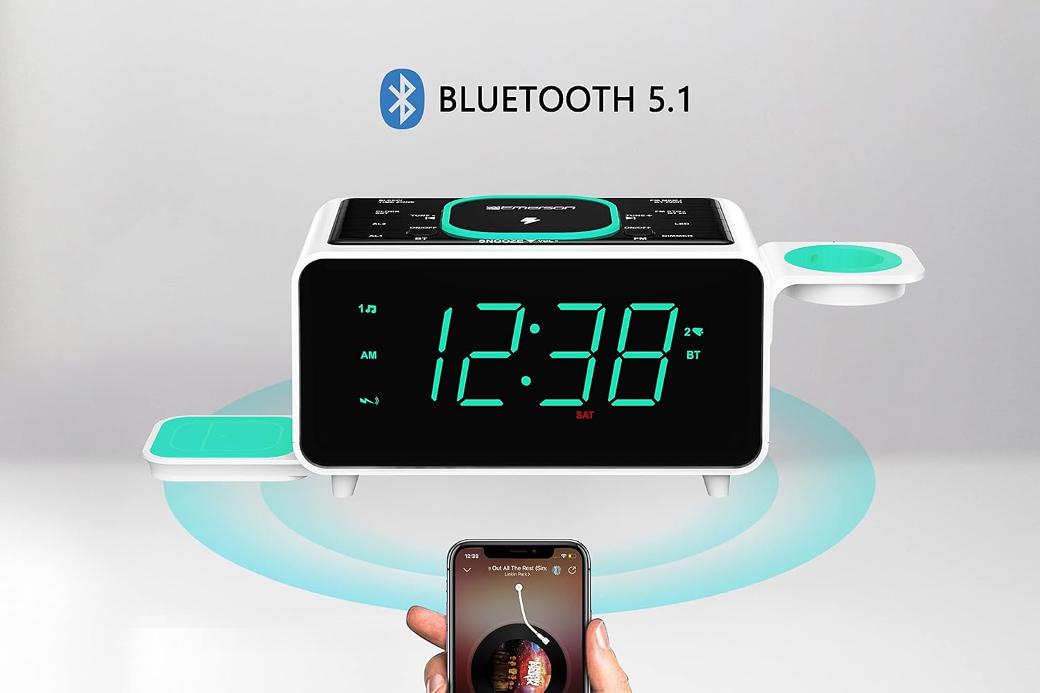 Emerson Smartset Dual Alarm Clock with Wireless Charging and Bluetooth Speaker