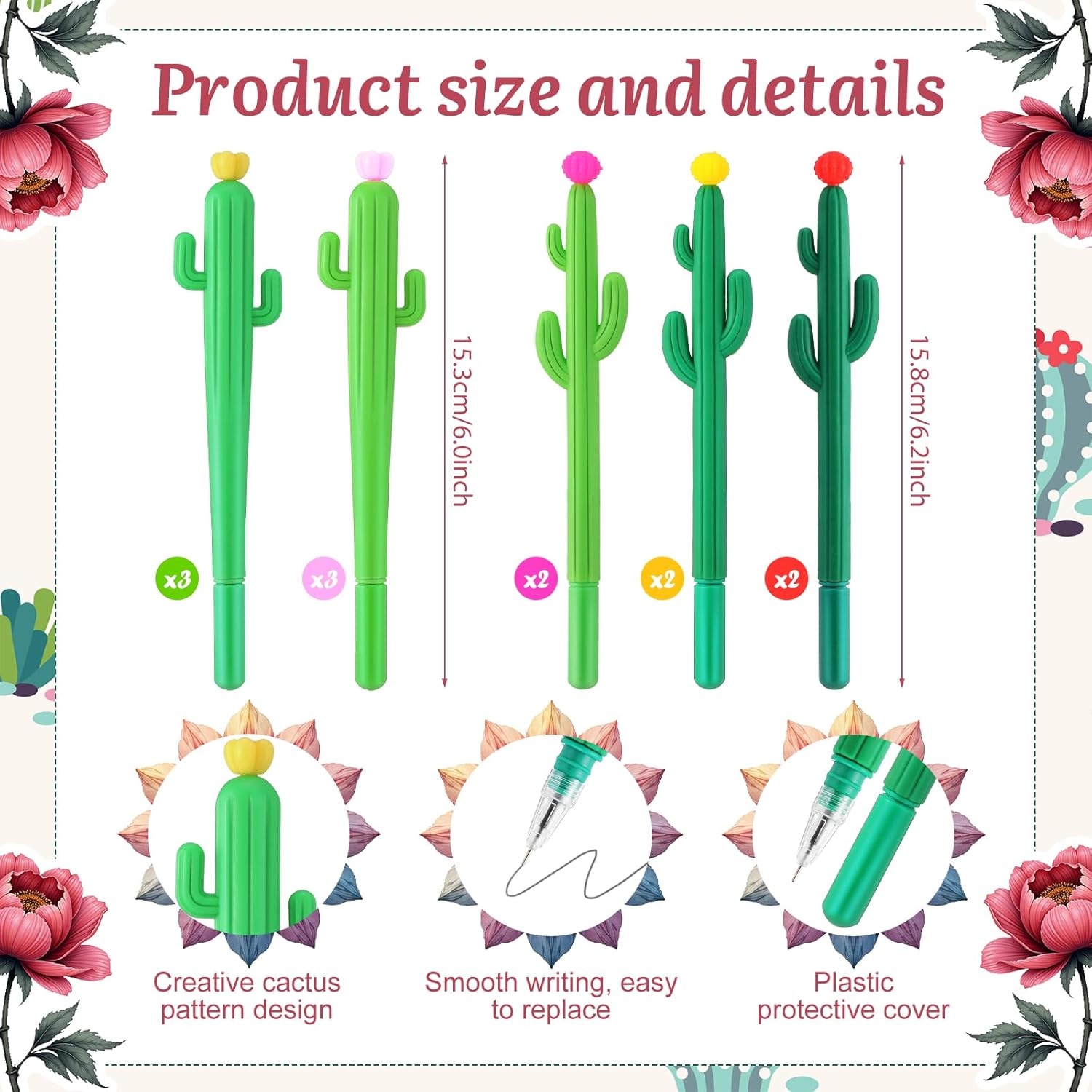 62 Piece Cactus Stationery Set with Cactus Gel Pens and Waterproof Stickers