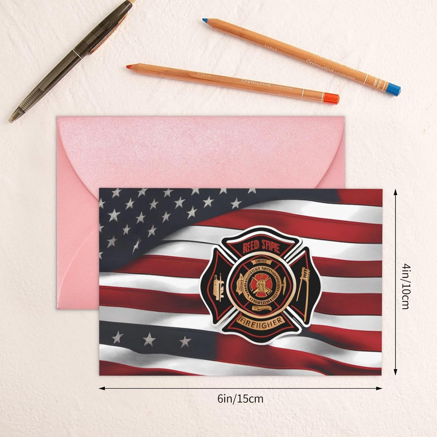 Pink Red Stripe Firefighter USA Flag Greeting Card 4x6