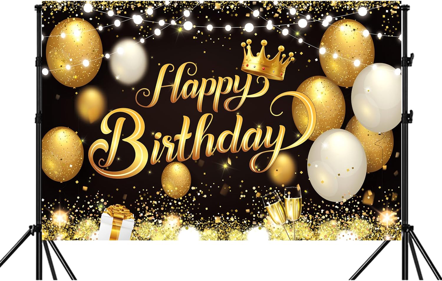 YinQin Black Gold Happy Birthday Party Backdrop Banner