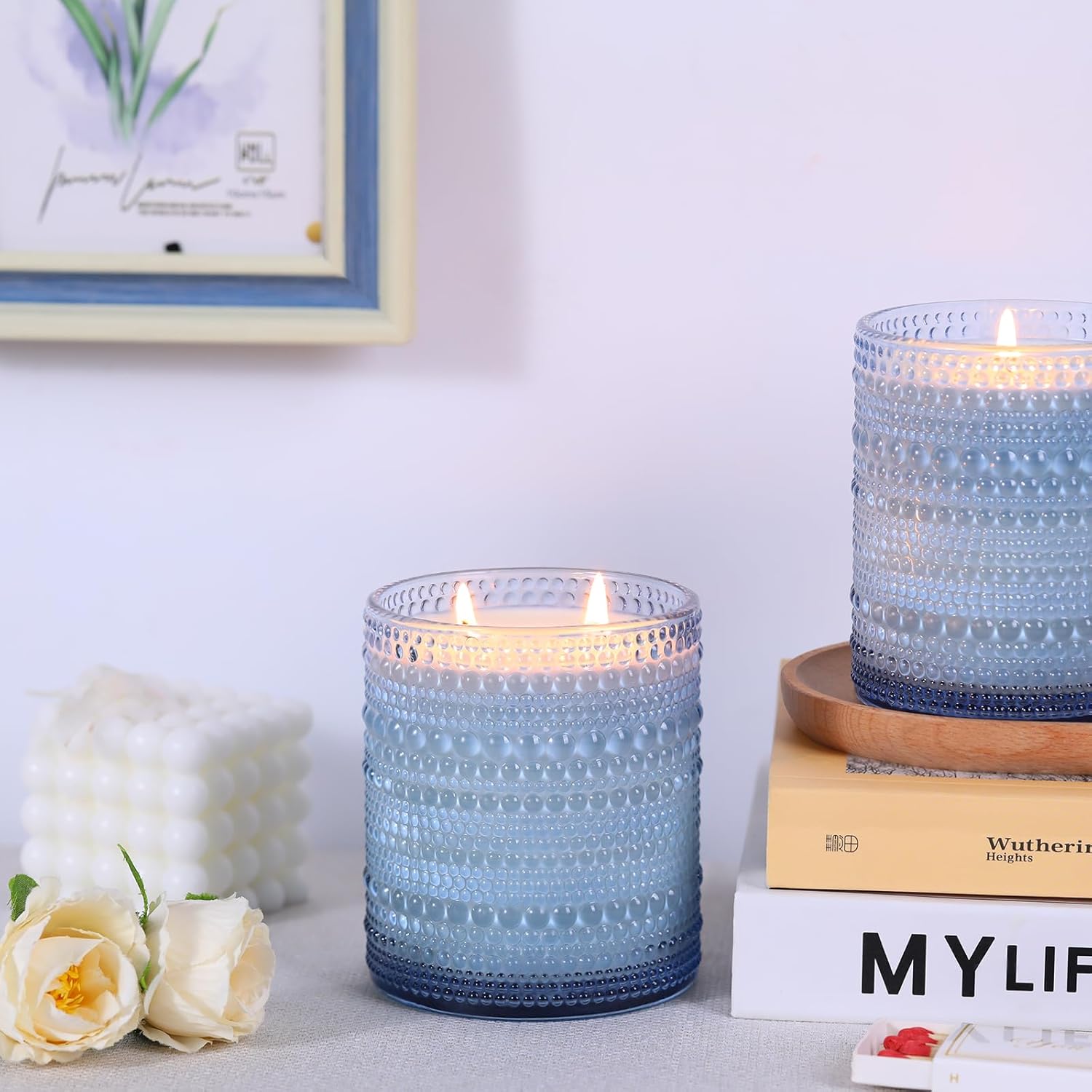 DARJEN 8 Pack Blue Candle Jars with Bamboo Lids and Labels