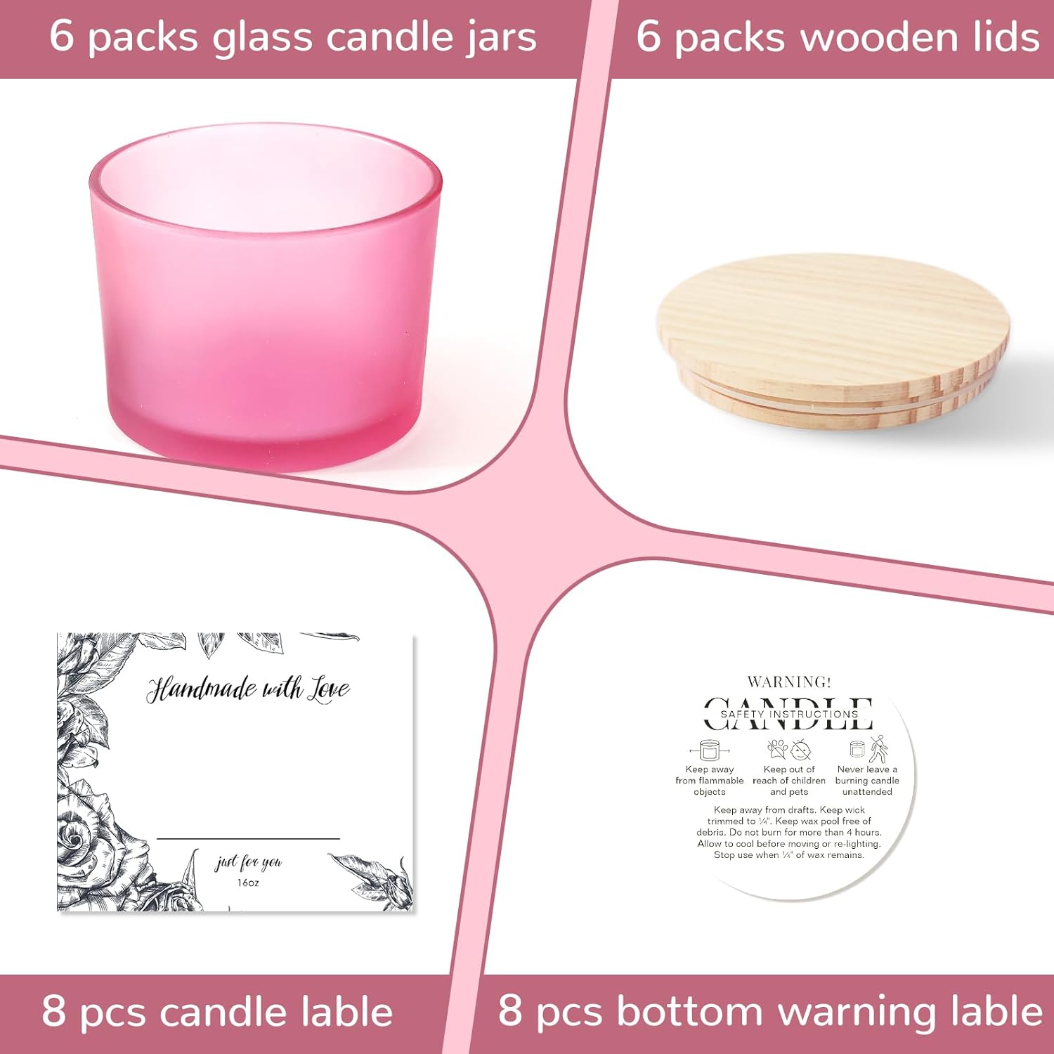 6 Pack Frosted Pink Glass Candle Jars with Lids - 16oz