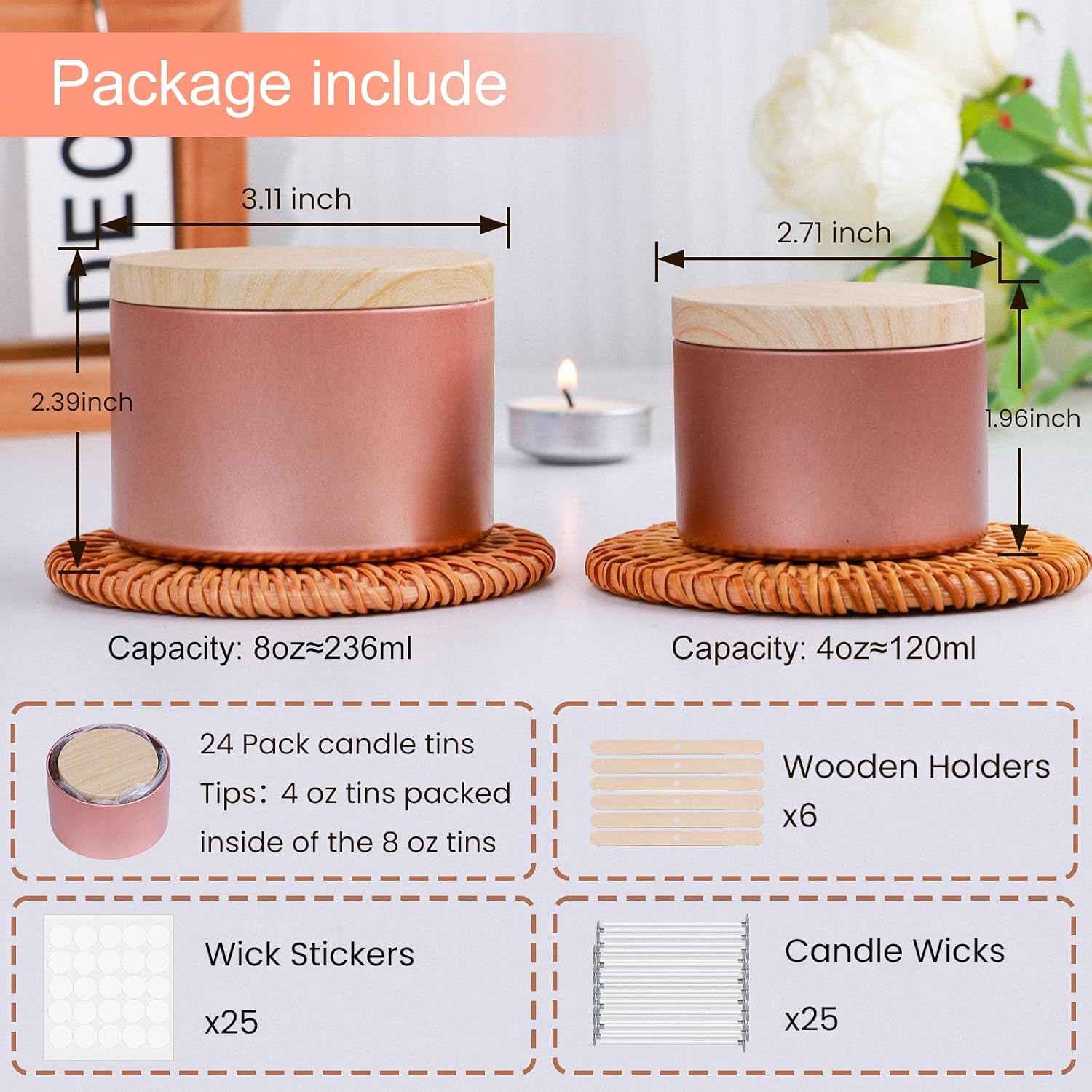 CONNOO 24 Pack Rose Gold Candle Tins with Lids for Candle Making