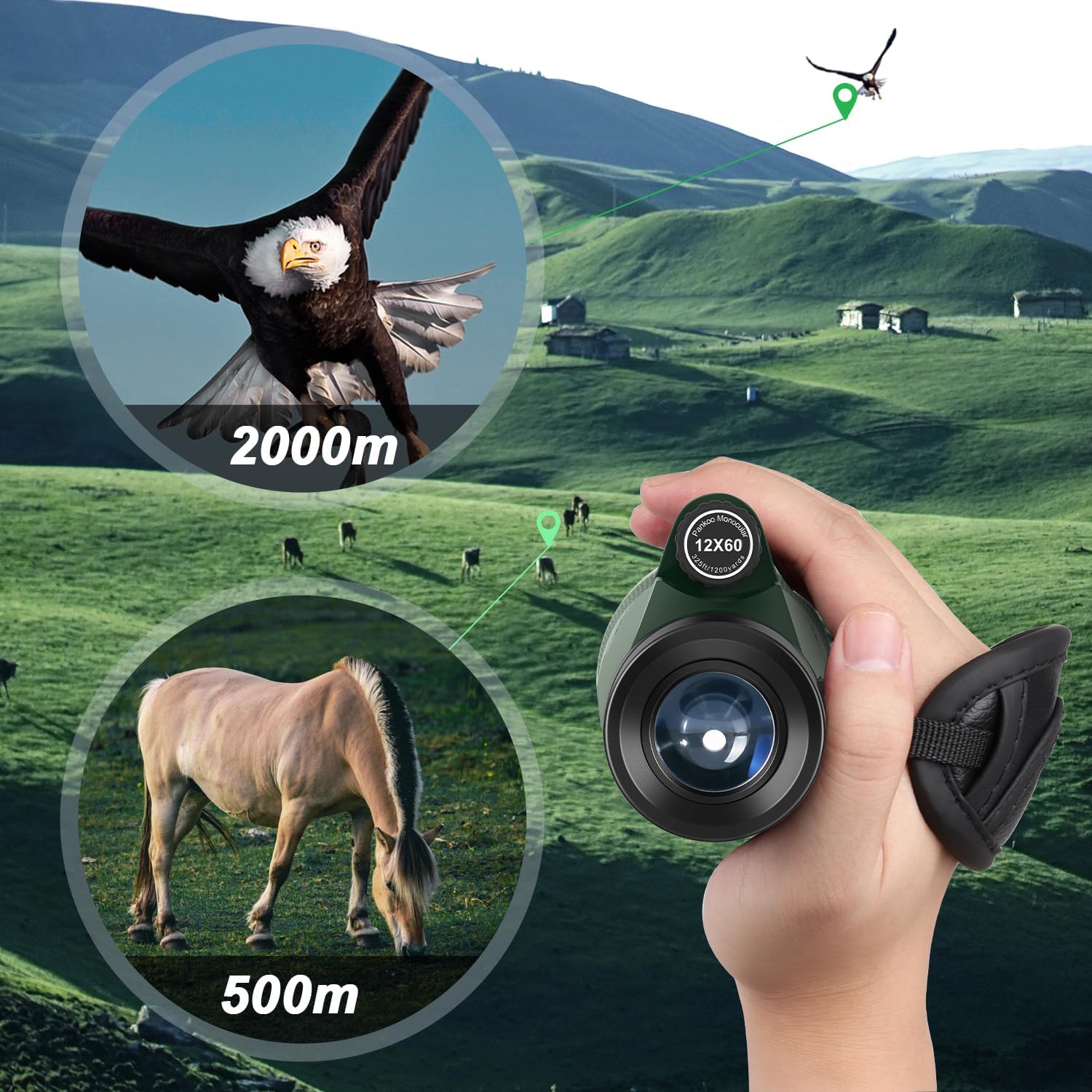12x60 HD Monocular Telescope with Smartphone Adapter and Tripod Hand Strap
