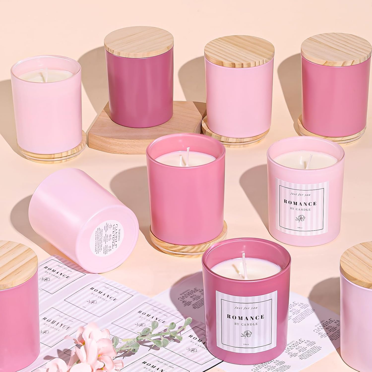 12Pcs Assorted Pink Candle Jars with Labels and Bamboo Lids