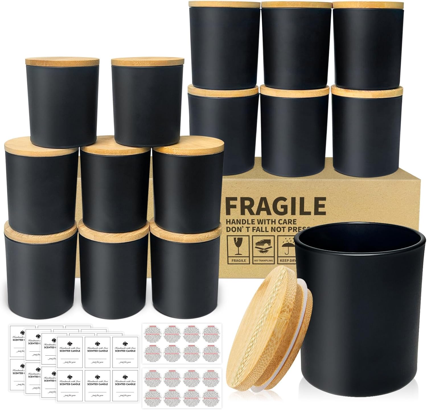 15 Pack 7oz Matt Black Candle Jars with Bamboo Lids