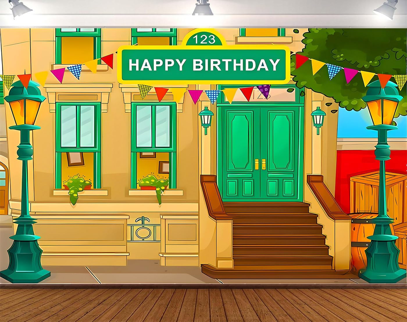 Happy Birthday Cartoon Street Photo Background Vinyl 5x3 Feet