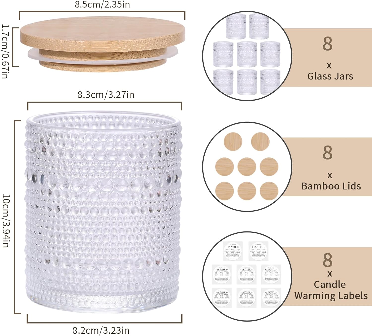 DARJEN 8 Pack Clear Candle Jars with Bamboo Lids and Labels