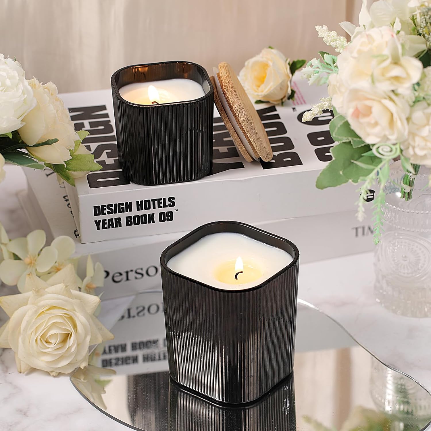 12 Pcs Matte Black Square Candle Jars with Bamboo Lids