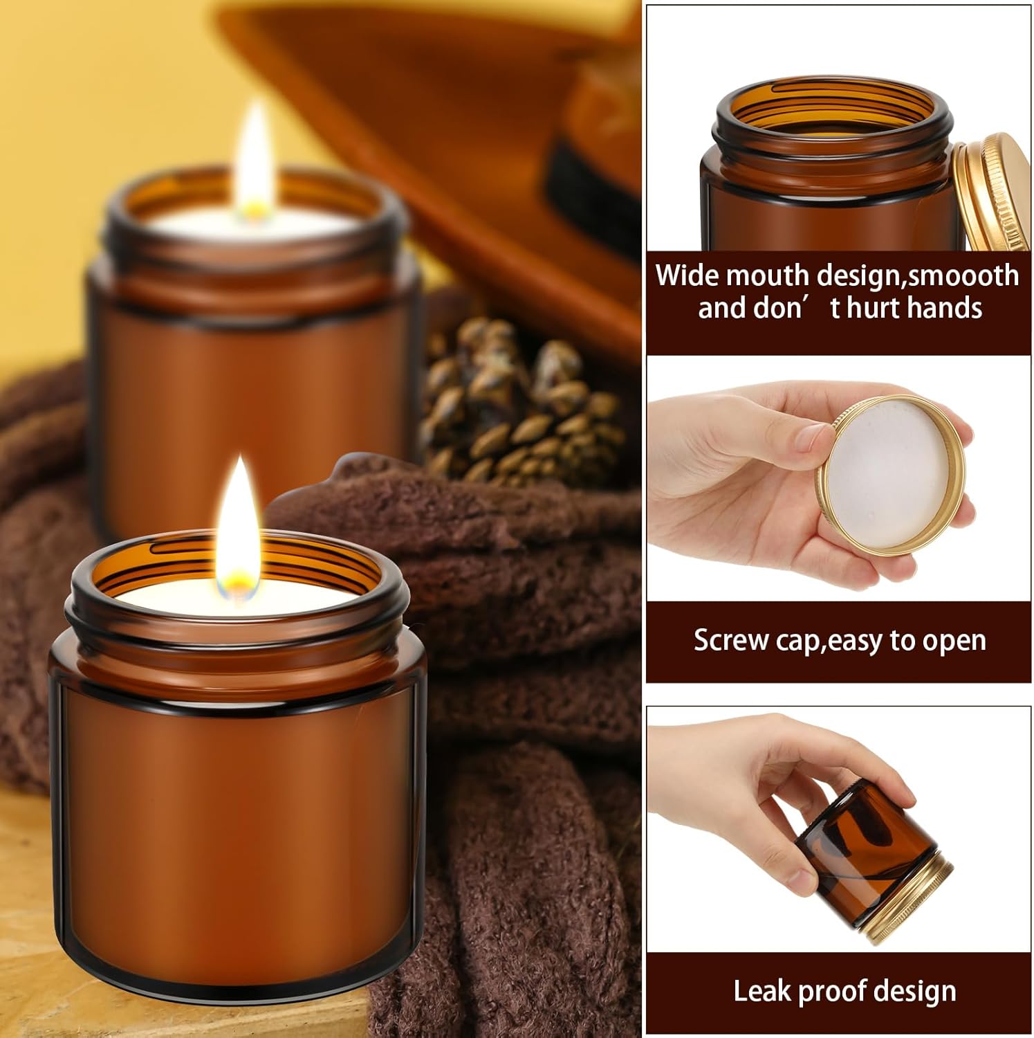 Zhehao 24 Pcs Amber Glass Candle Jars with Gold Lids
