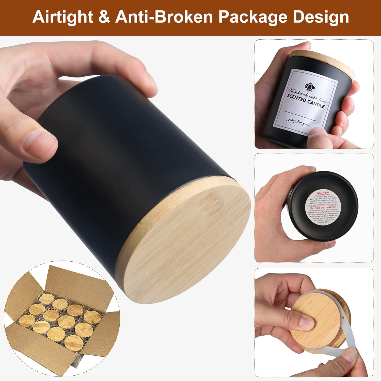 CONNOO 12 Pack Matte Black Candle Jars with Bamboo Lids and Warning Labels