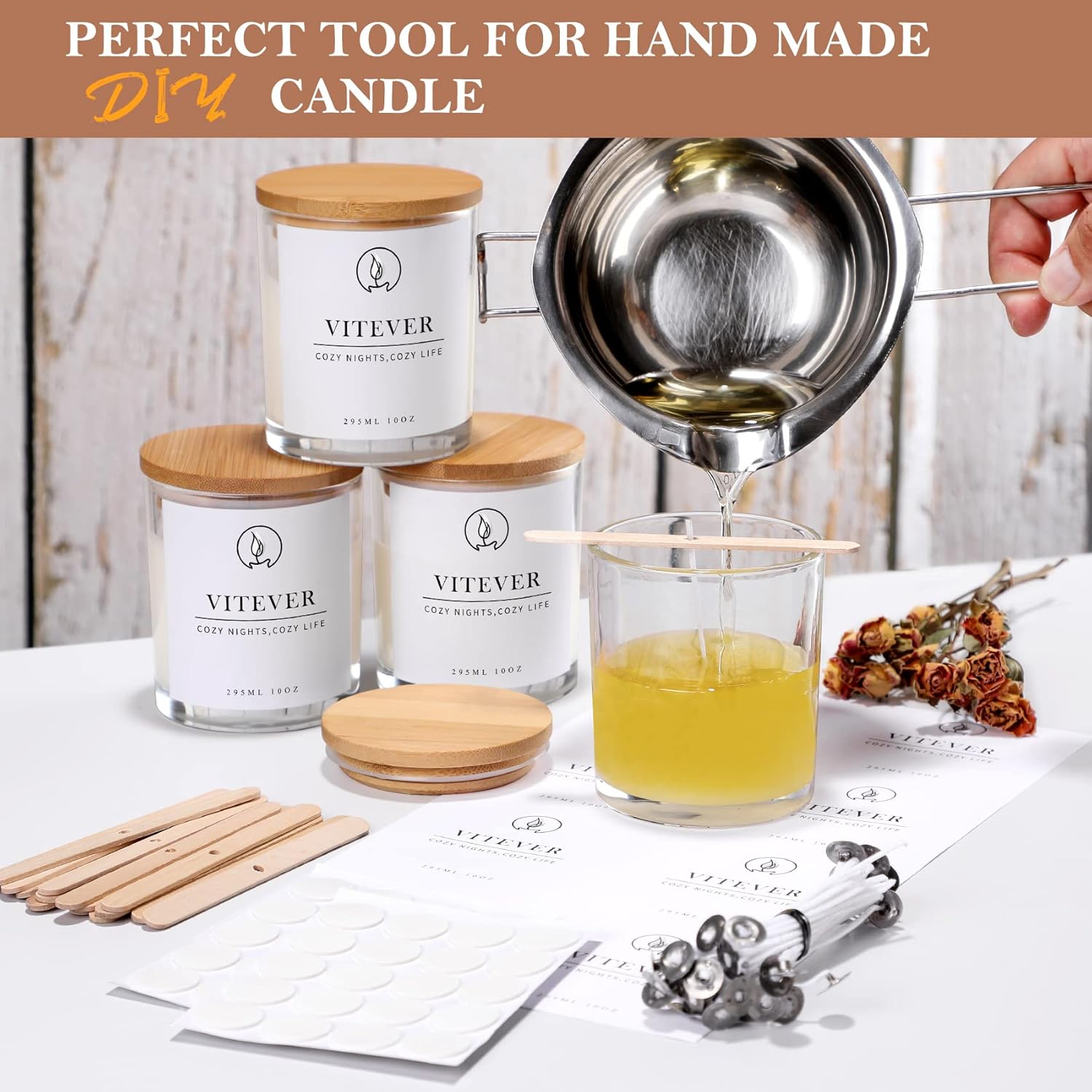 VITEVER 16 Pack Clear Glass Candle Jars with Bamboo Lids and Wick Kit