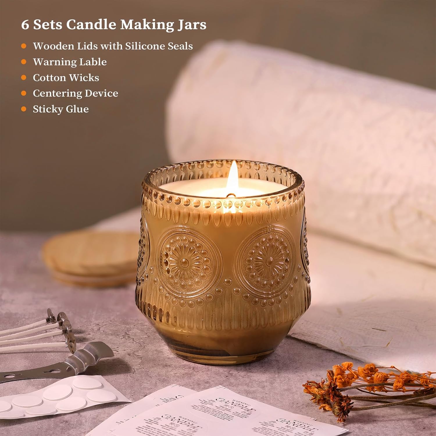 LAMORGIFT 6 Pack Large Candle Jars with Wooden Lids and Labels
