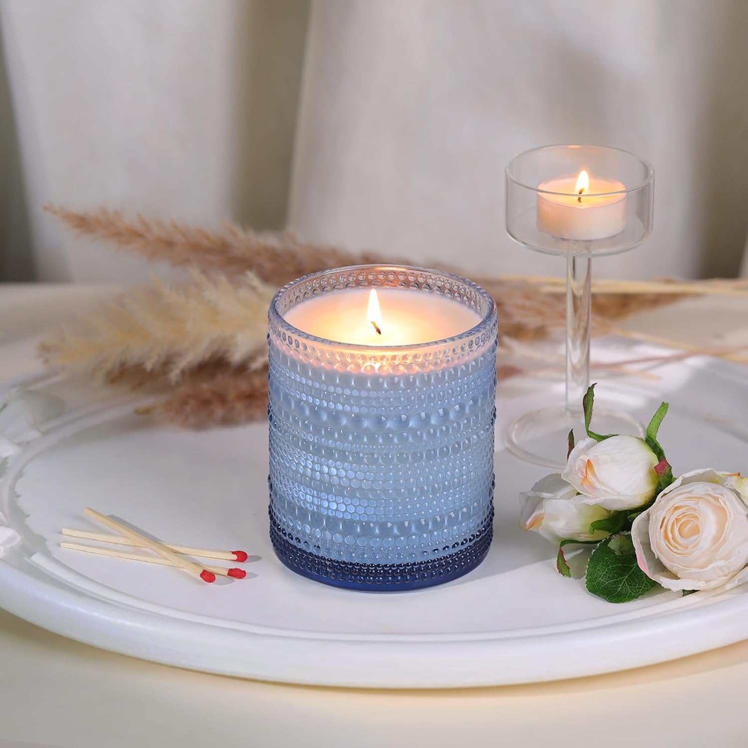 DARJEN 8 Pack Blue Candle Jars with Bamboo Lids and Labels