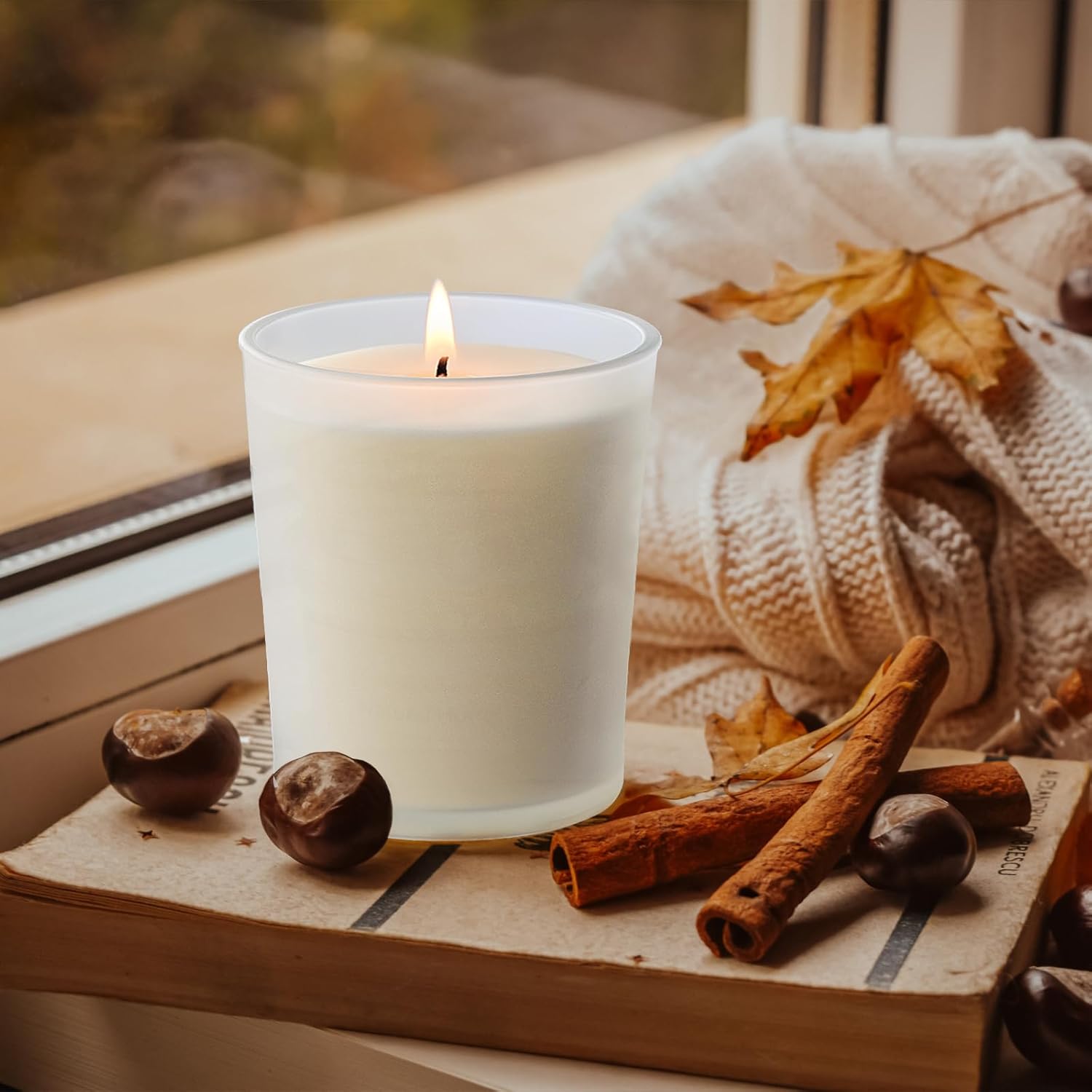 Frosted White Thick Candle Jars with Wood Lids 12 Pcs