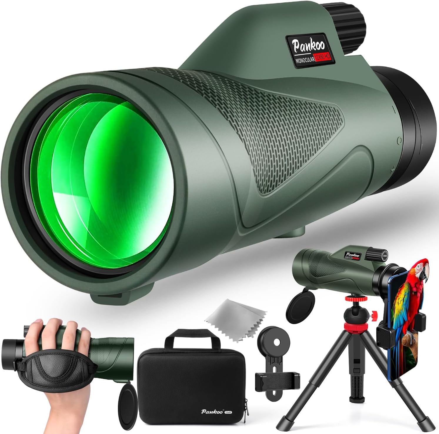 12x60 HD Monocular Telescope with Smartphone Adapter and Tripod Hand Strap