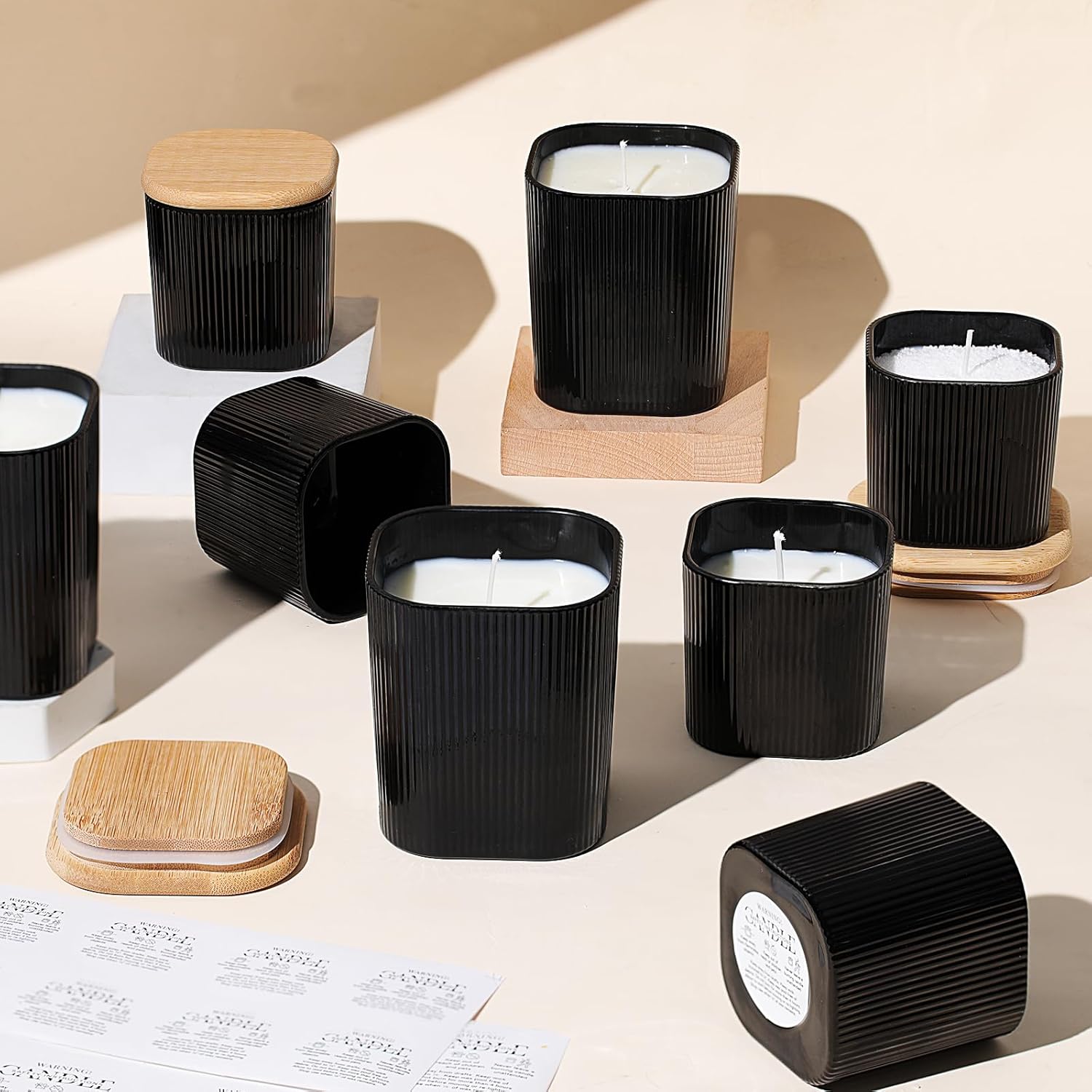 12 Pcs Matte Black Square Candle Jars with Bamboo Lids