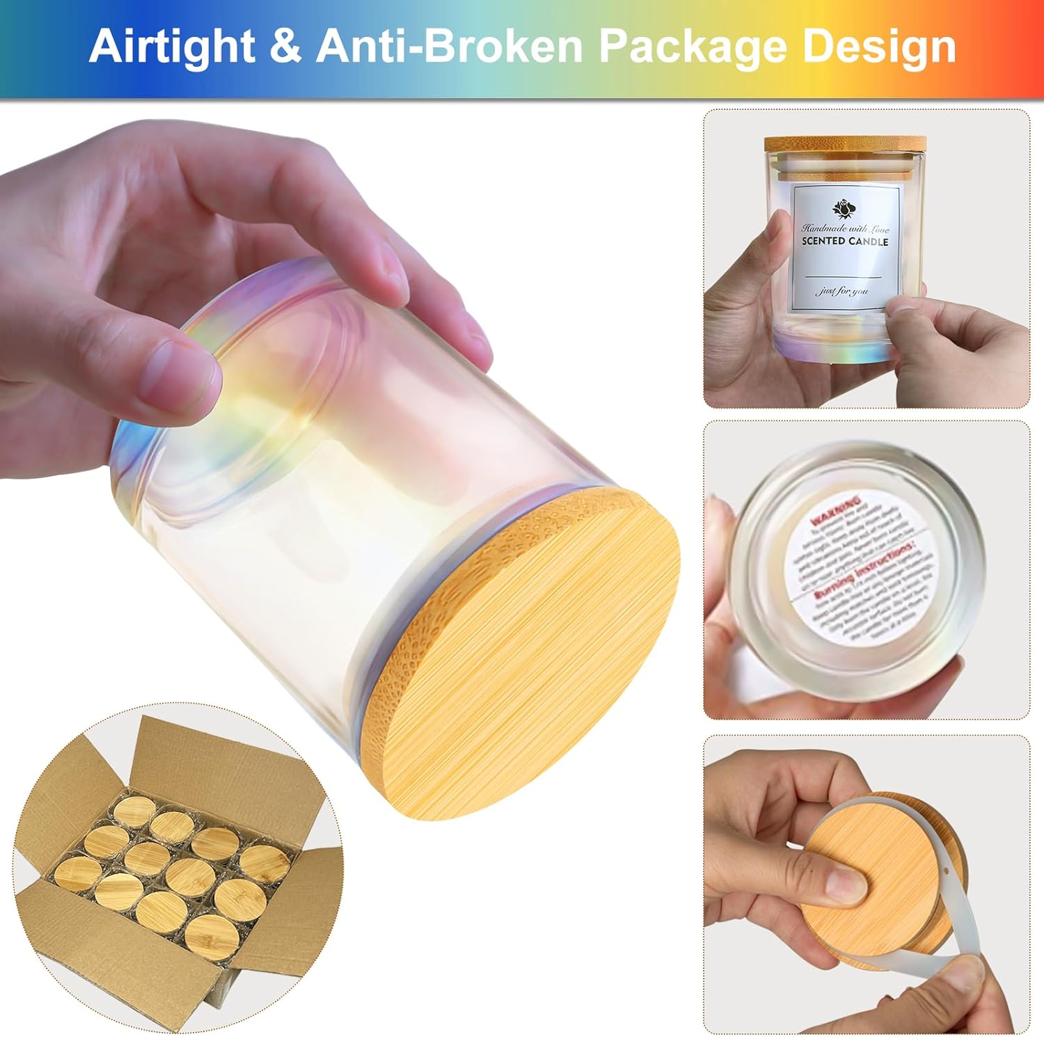 CONNOO 12 Pack 10 Oz Iridescent Glass Candle Jars with Airtight Bamboo Lids