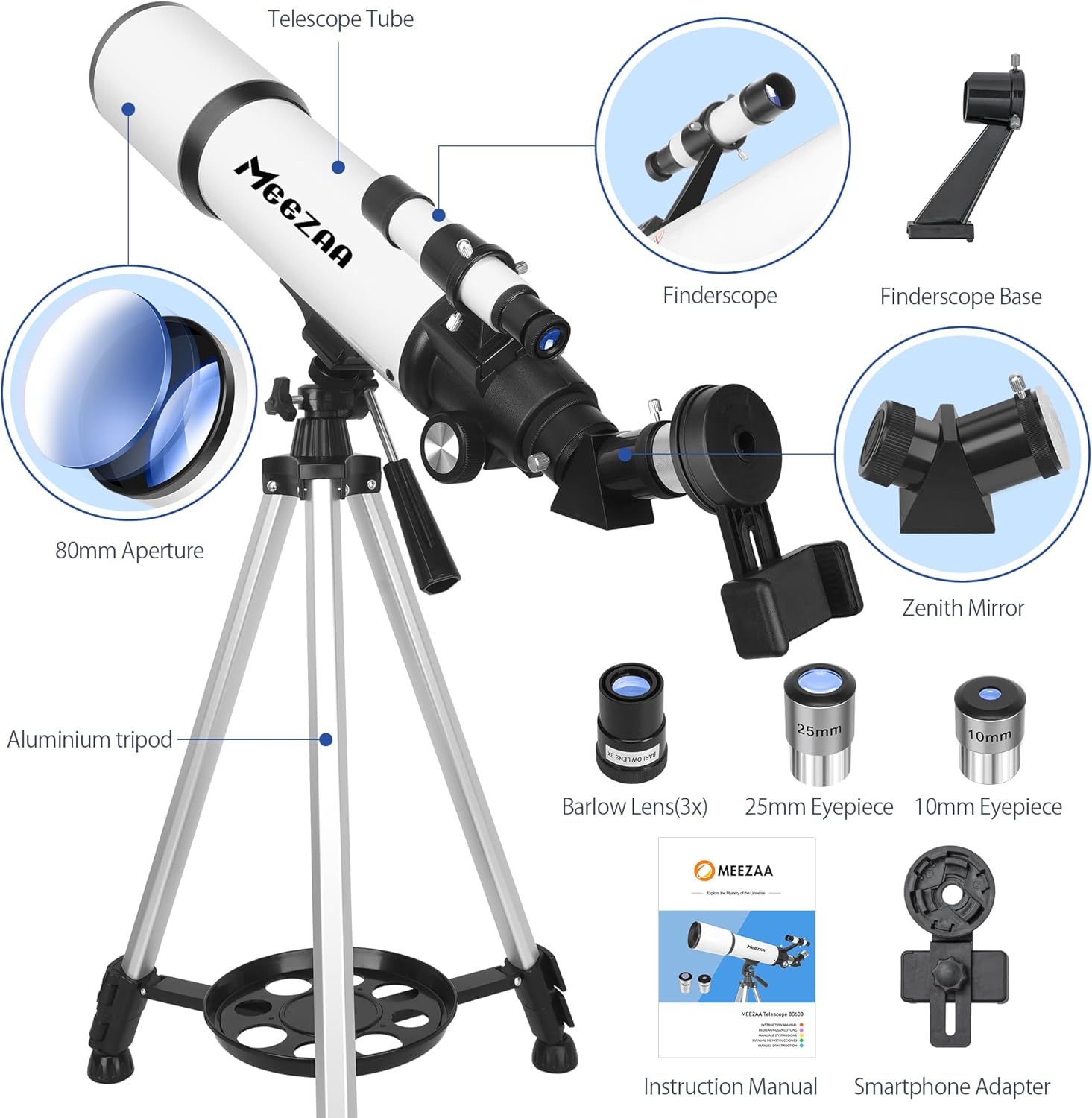 MEEZAA High-Powered Refractor Telescope with Phone Adapter