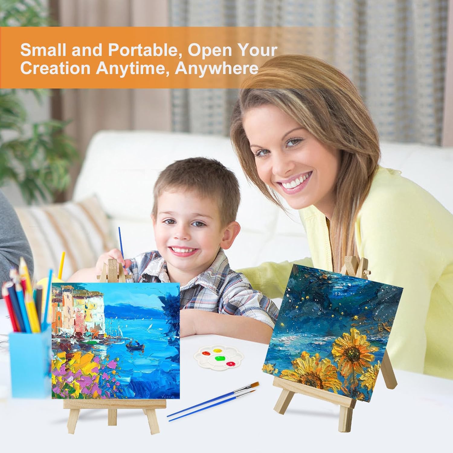 50 Pack Mini Canvas and Easel Set for Kids Classroom Art