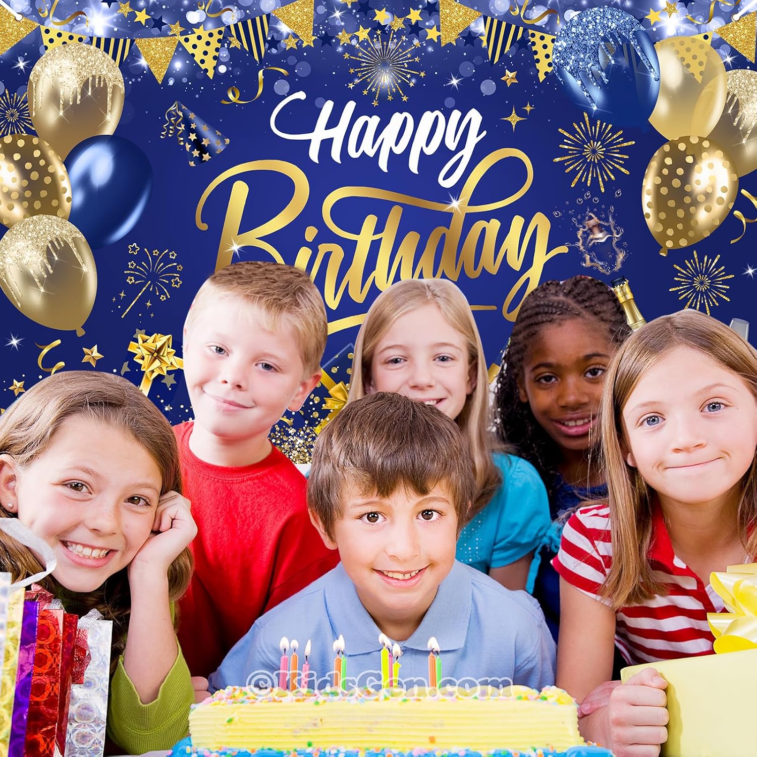 Mocsicka Happy Birthday Backdrop Blue Gold 6x36ft