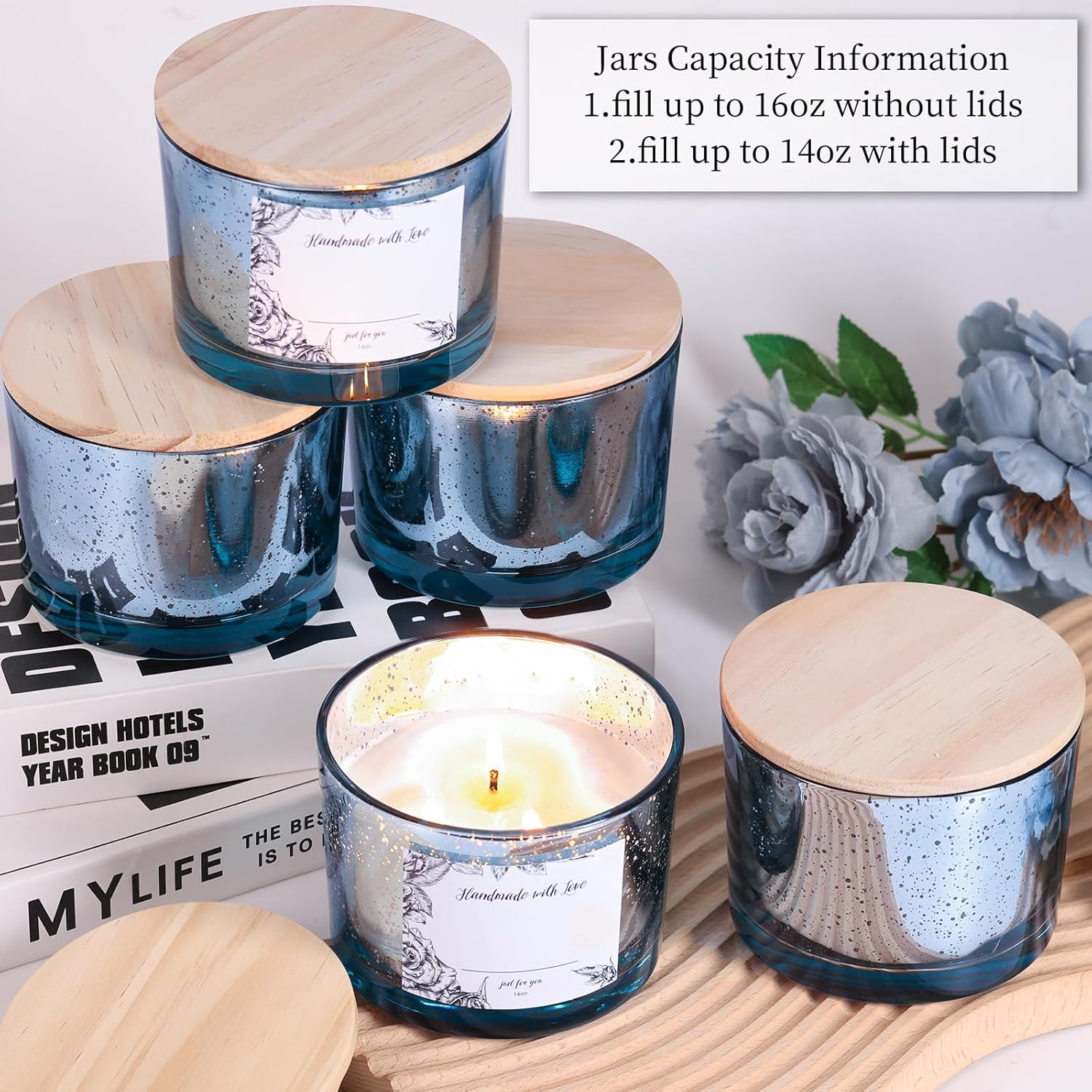 Simeitol 6pc 16oz Blue Candle Jars with Lids