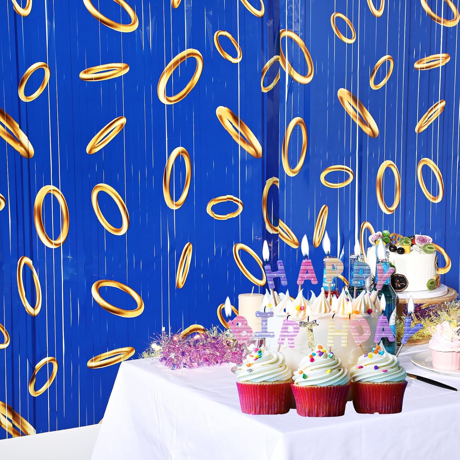 3 Pcs Blue with Gold Ring Print Party Backdrop Curtains