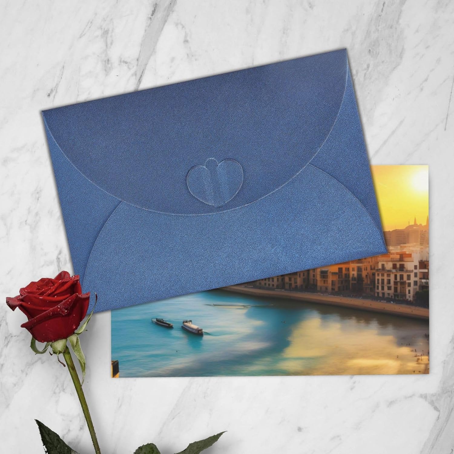 Blue Pearlescent Holiday Cards 4x6 with Sunset in Barcelona Print