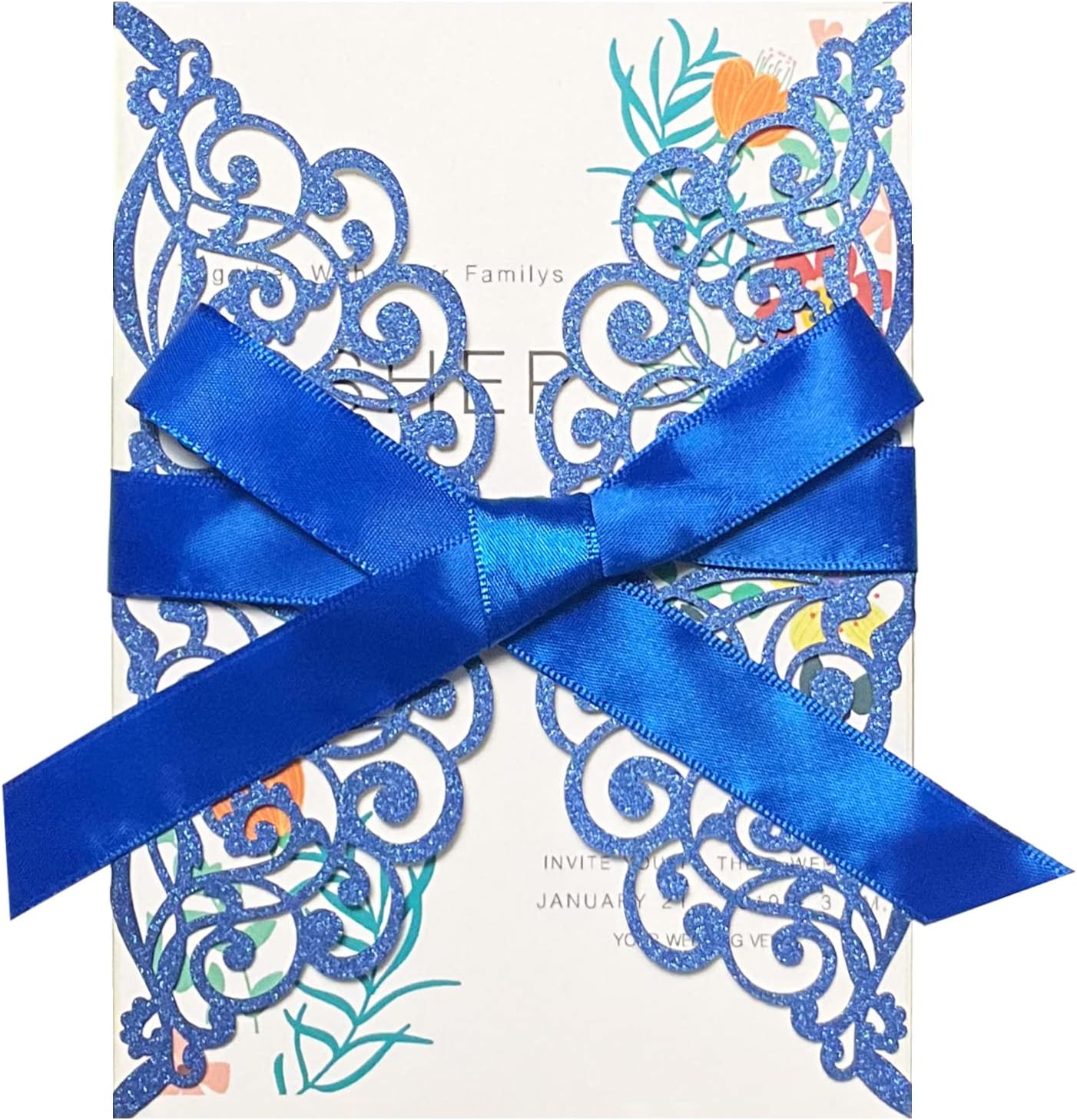 50Pcs Laser Cut Blue Wedding Invitations with Glitter Envelopes Ribbons