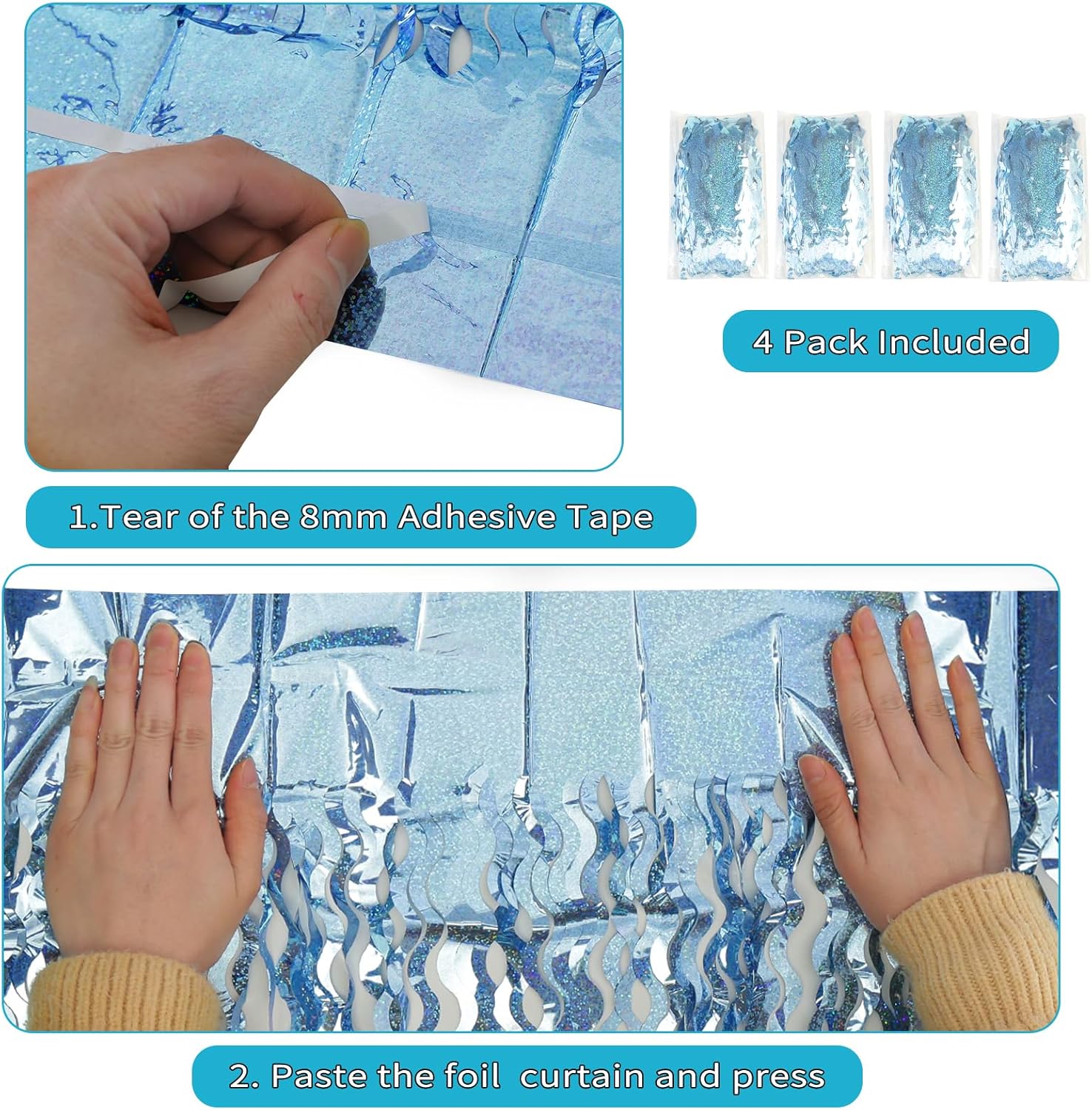 4 Pack Wavy Blue Foil Backdrop Streamers for Parties