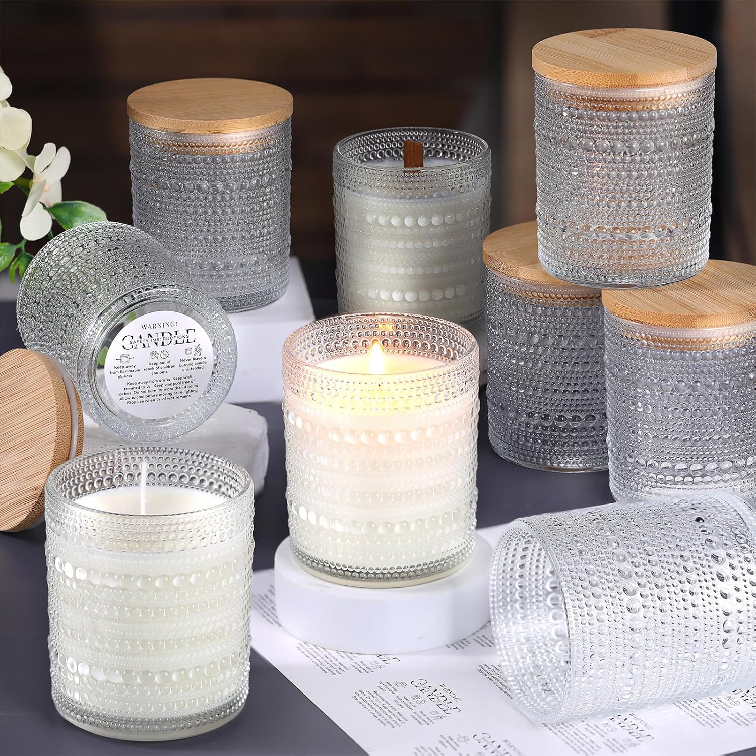 DARJEN 12 Pack Clear Candle Jars with Bamboo Lids and Labels