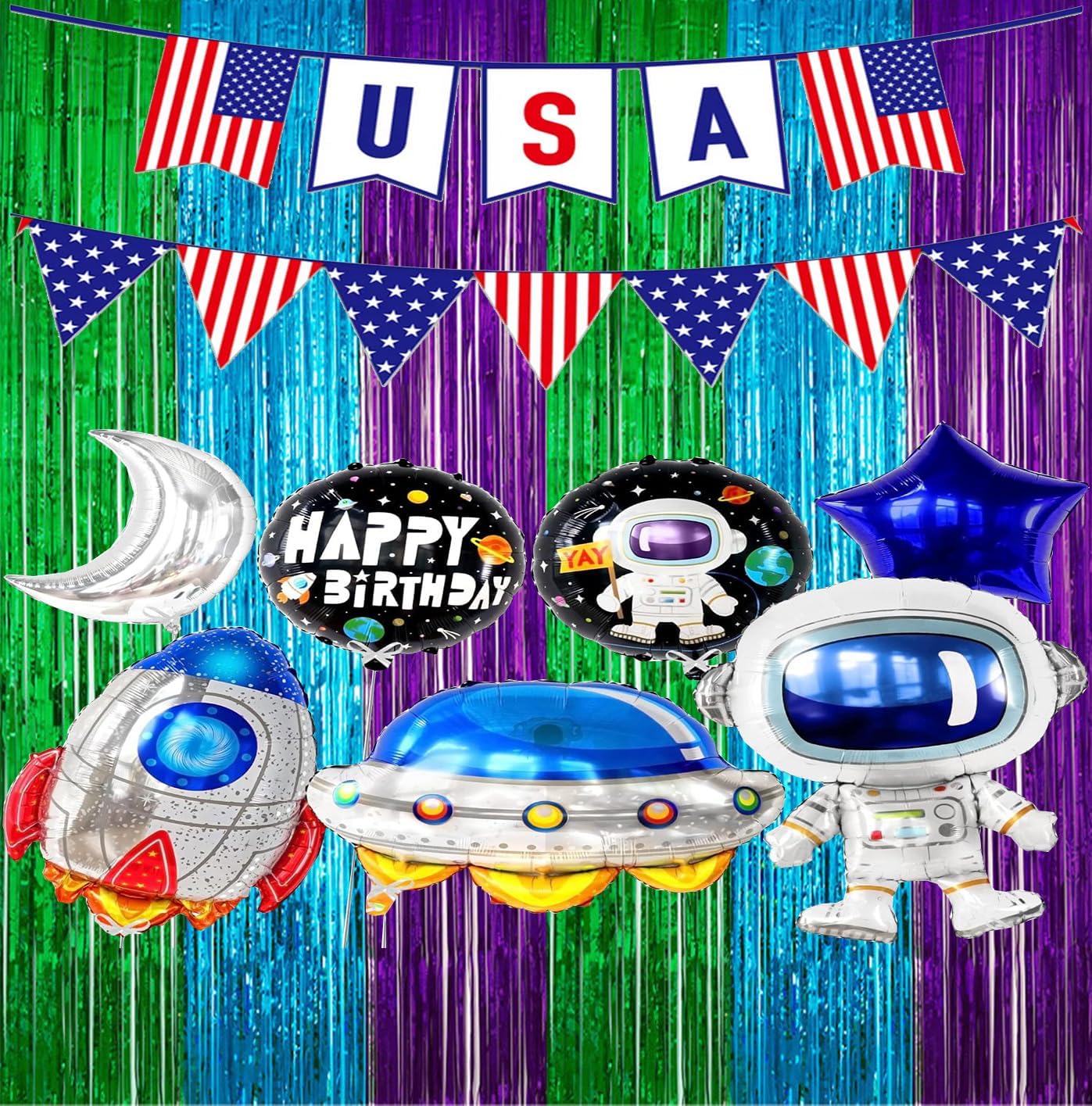 2 Pack 33ft x 66ft Green Blue Purple Tinsel Foil Backdrop