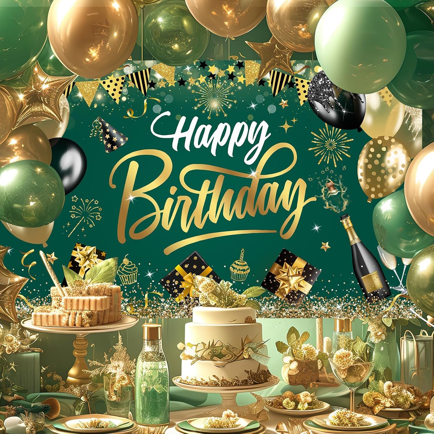 Happy Birthday Backdrop Green Gold Party Decoration Photo Booth Prop