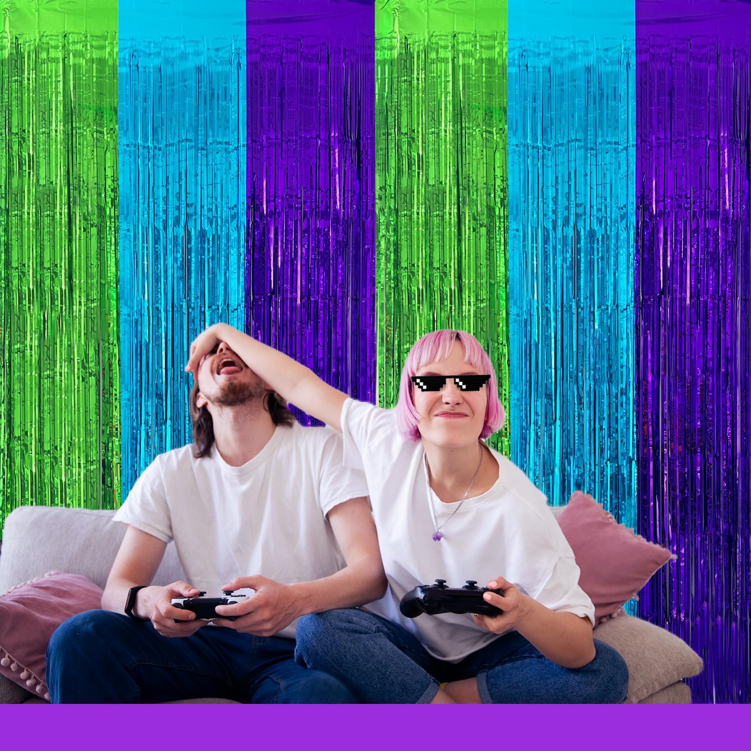 2 Pack Video Game Foil Fringe Curtains Backdrop for Birthday Parties