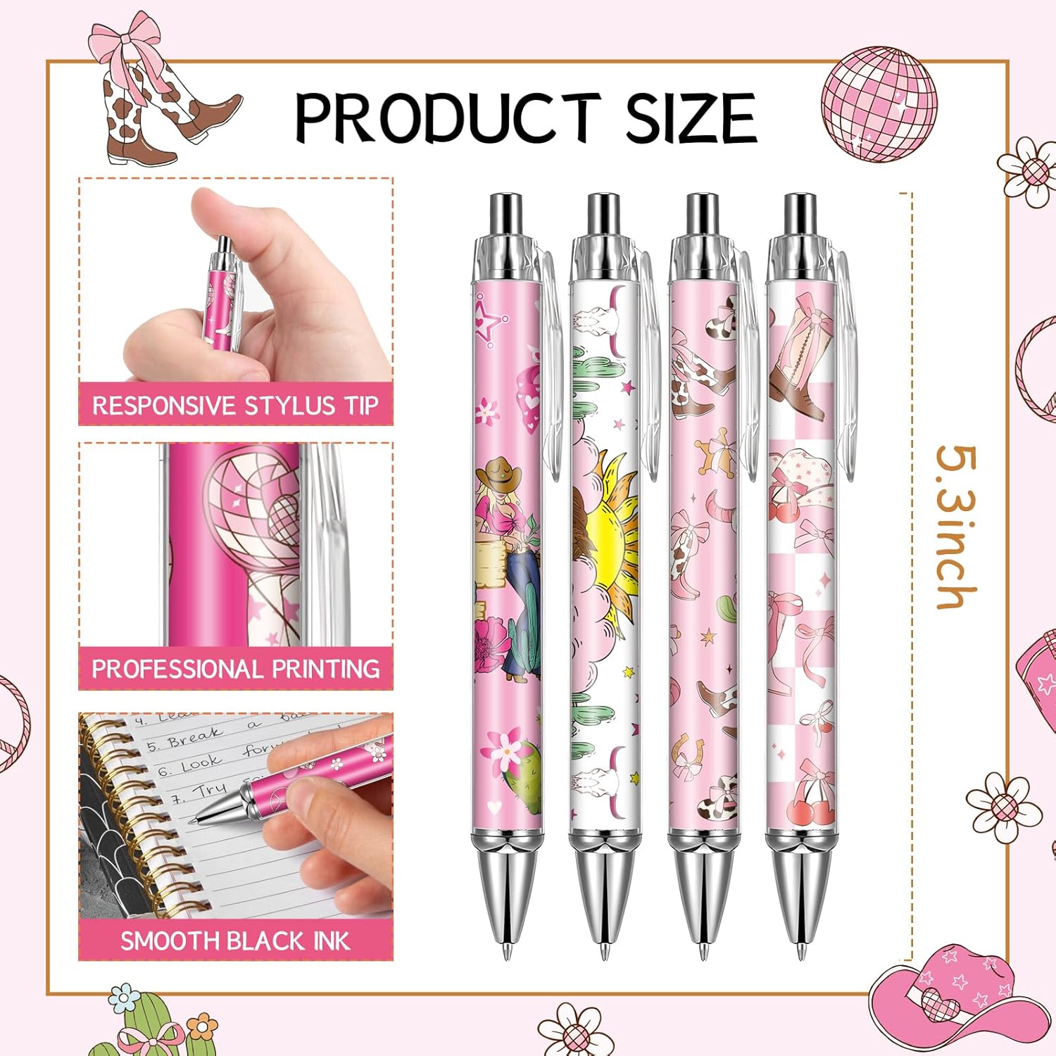 Cowgirl Pink Ballpoint Pens 24 Pcs Retractable Western Style