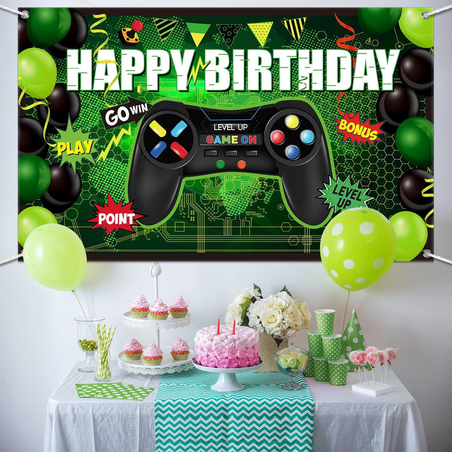 Blulu Gamer Themed Birthday Backdrop Banner Green