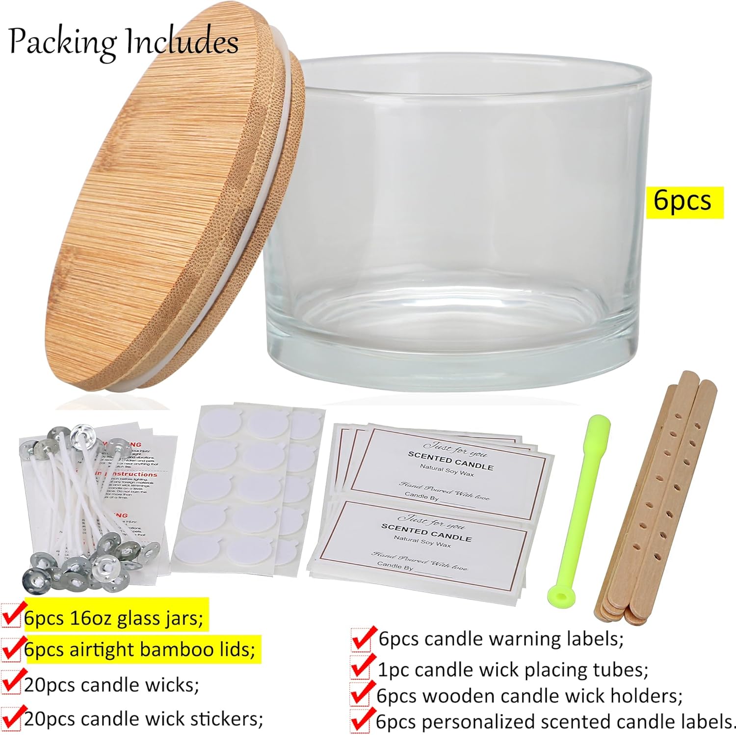 MILIVIXAY 6 Pack 16 oz Candle Jars with Bamboo Lids and Making Kit