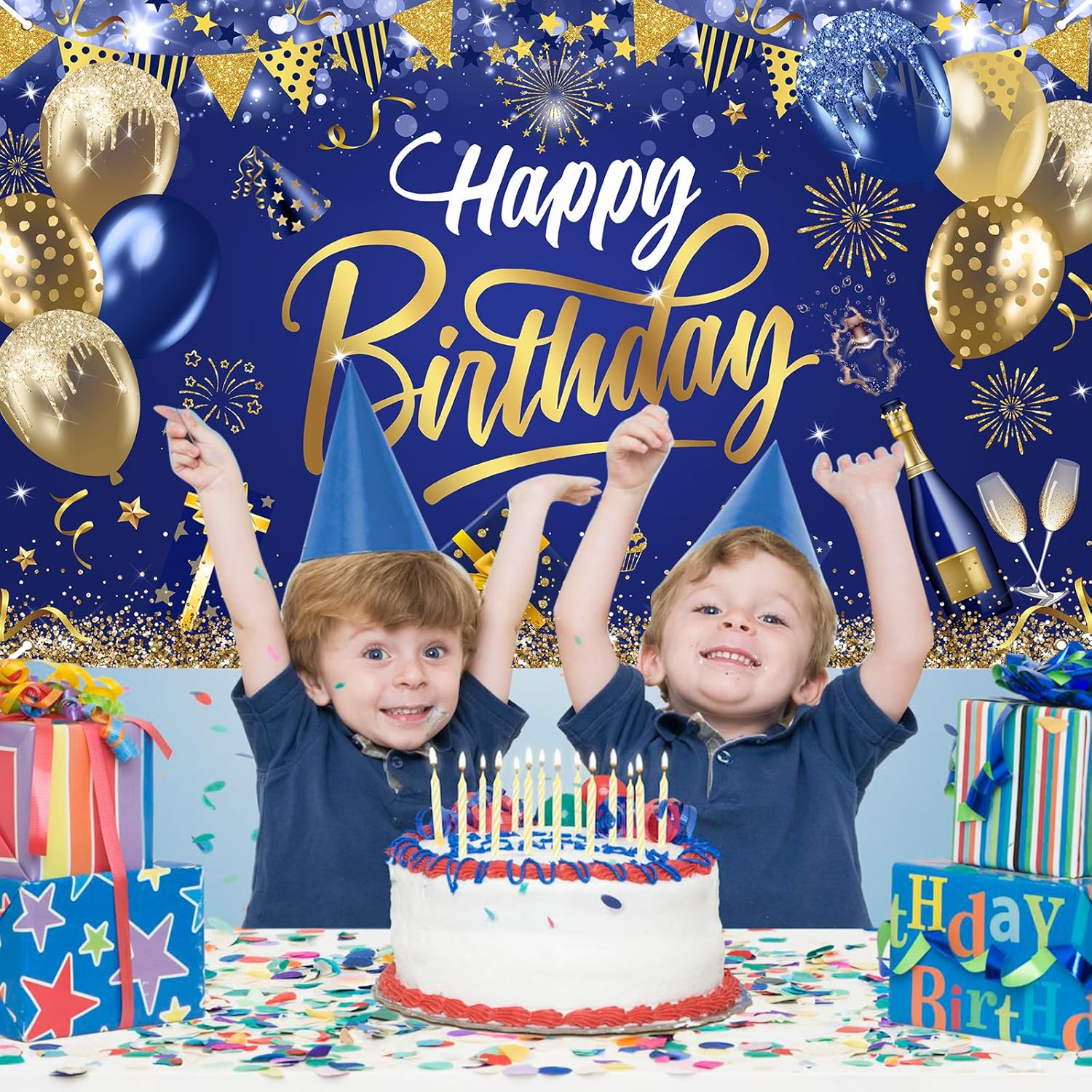 Mocsicka Happy Birthday Backdrop Blue Gold 6x36ft