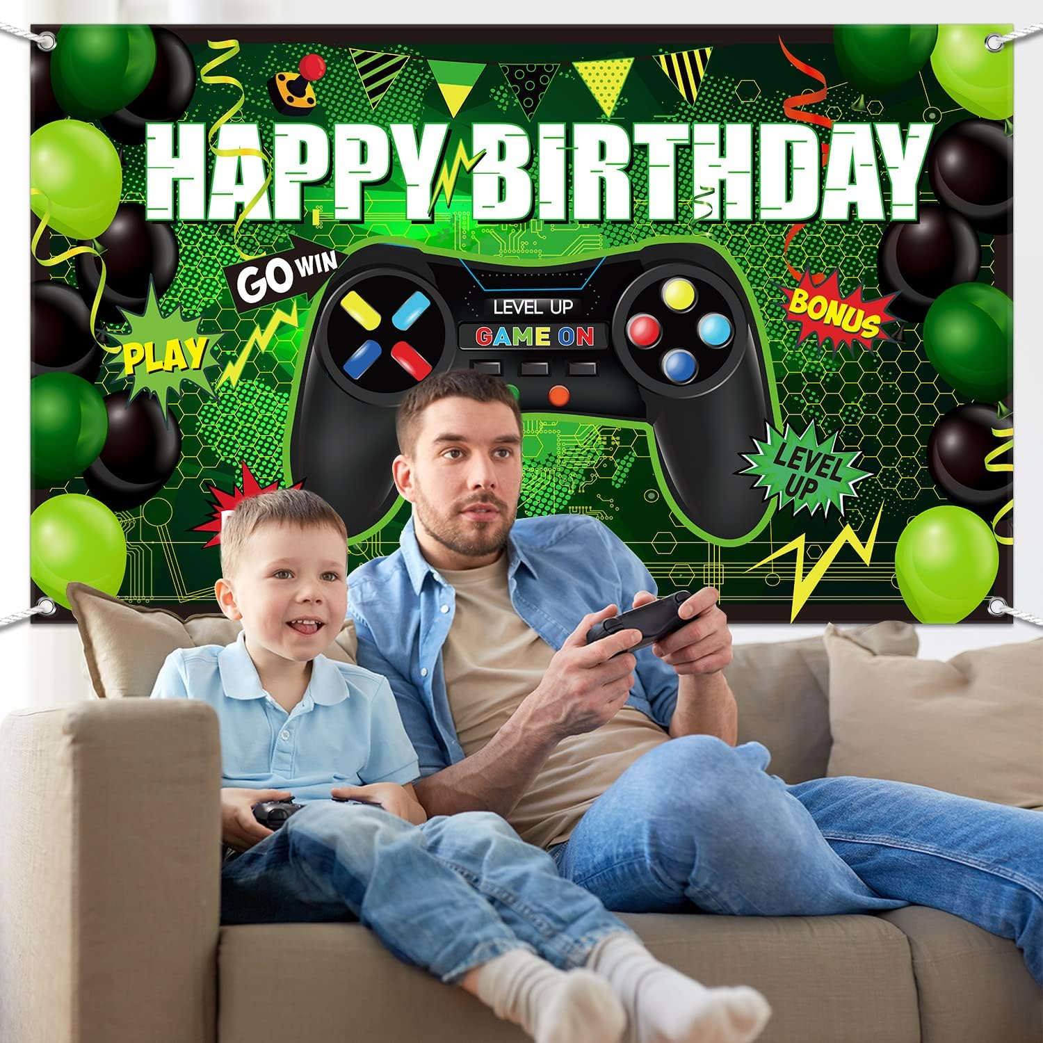 Blulu Gamer Themed Birthday Backdrop Banner Green