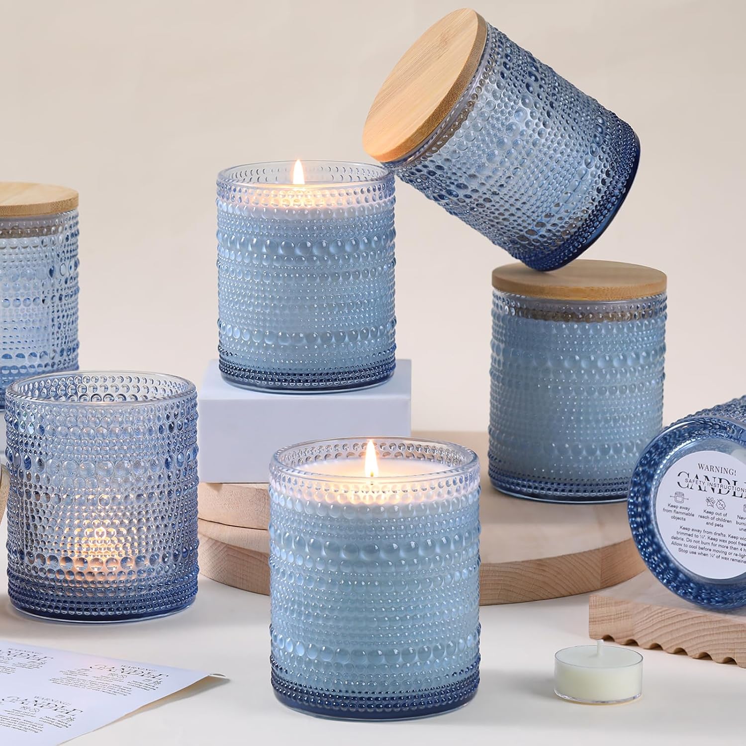 DARJEN 8 Pack Blue Candle Jars with Bamboo Lids and Labels