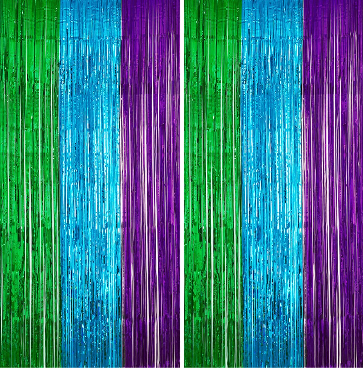 2 Pack 33ft x 66ft Green Blue Purple Tinsel Foil Backdrop