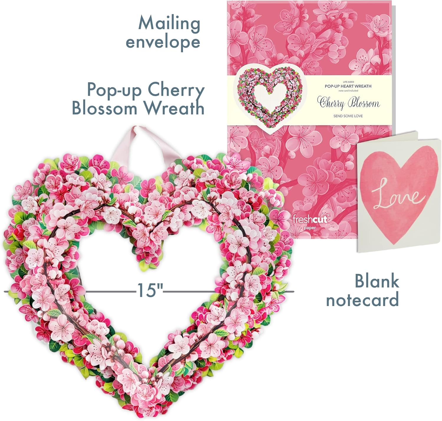 Cherry Blossom Heart Pop Up Card Wreath 15 Inch